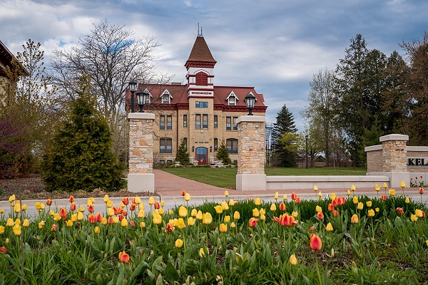 Lakeland University's Old Main Hall in the spring.